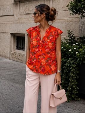Rose & Olive Red Floral Button-Down Top